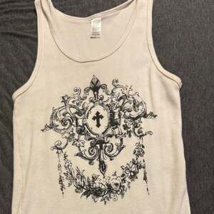 Y2K Ribbed Tank Top, Rhinestone Gothic Cross Graphic, Cream - Alternative Grunge
